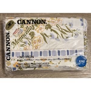 Vtg NOS Cannon Monticello Pillowcases King Blue Yellow Floral Wildflower Stripe